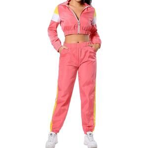 Setof2 Sport Tracksuit Solid Striped LongSleeve ZipUp Cropped Top/Jogging Pant M